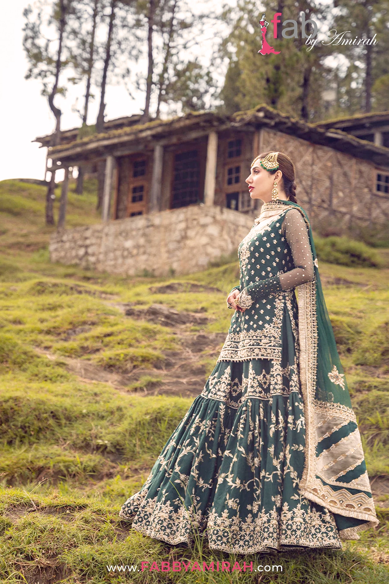 Dark green bridal gharara emerald pishwas with heavy tilla embroidery by Fab By Amirah