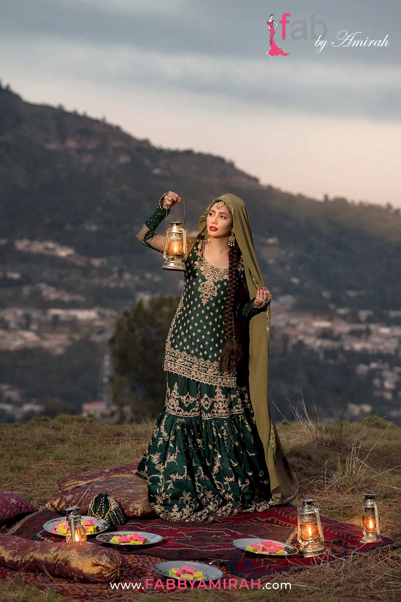 Close-up of handcrafted floral trellises on dark green bridal gharara korean raw silk