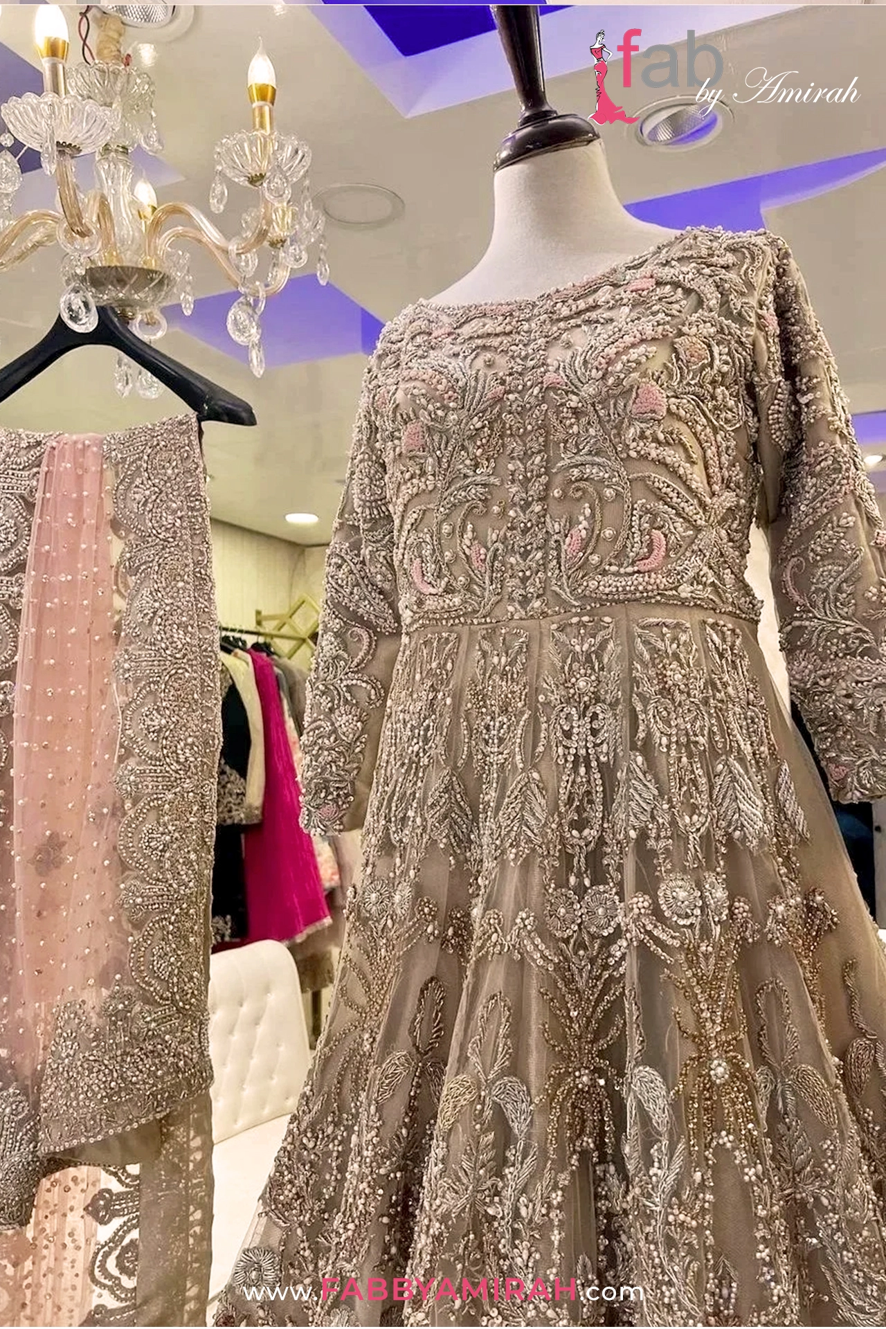 Close-up of handcrafted beads, pearl, and sitara work on back trail maxi