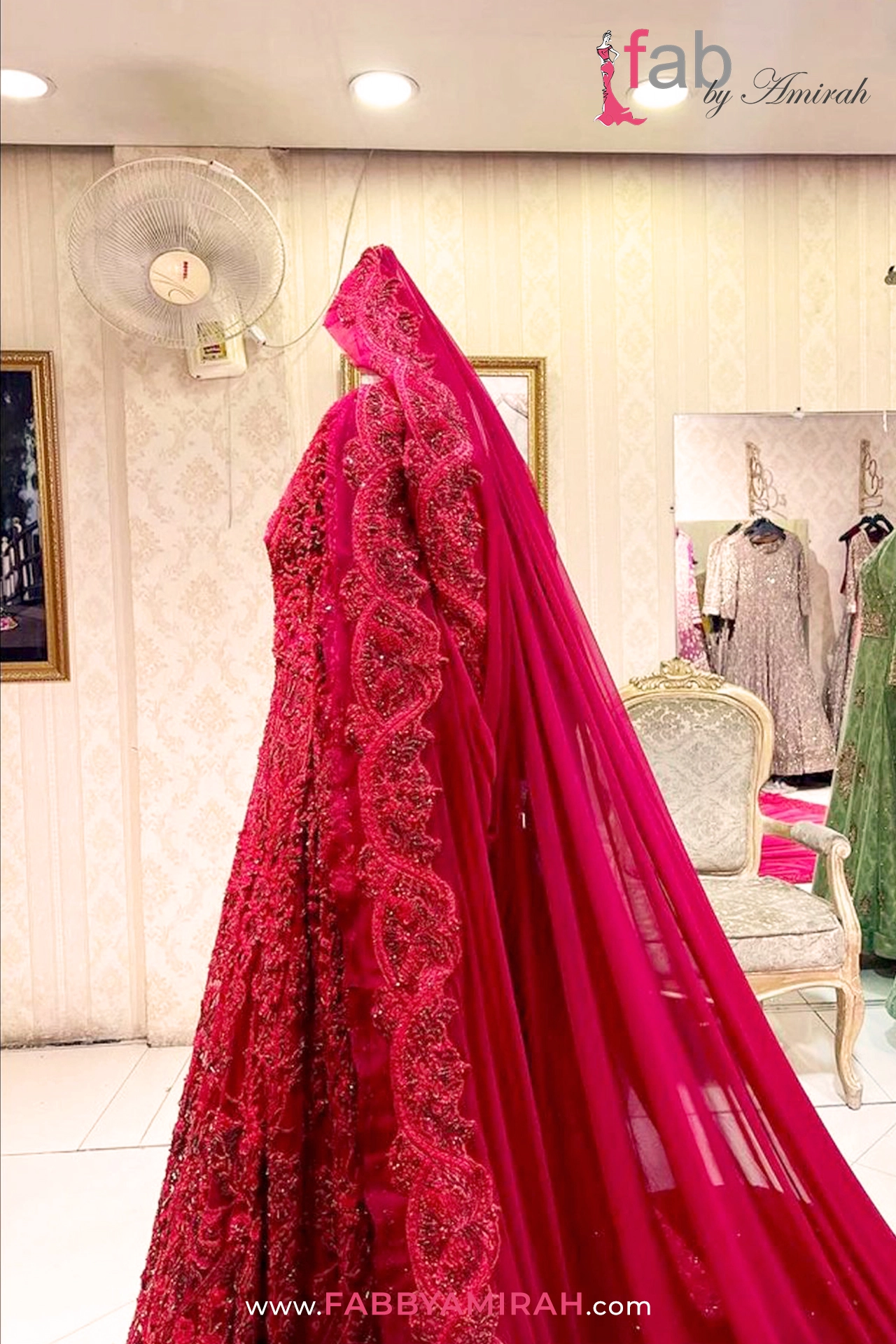 Bridal maxi in vibrant red raw silk with heavy monochromatic handwork by Fab By Amirah