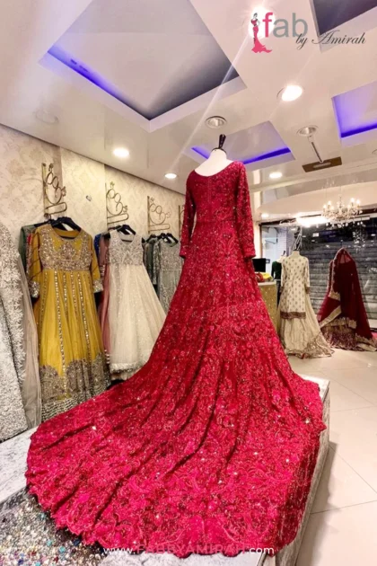 Back view of the extensive hand-worked trail on our 2026 bridal maxi