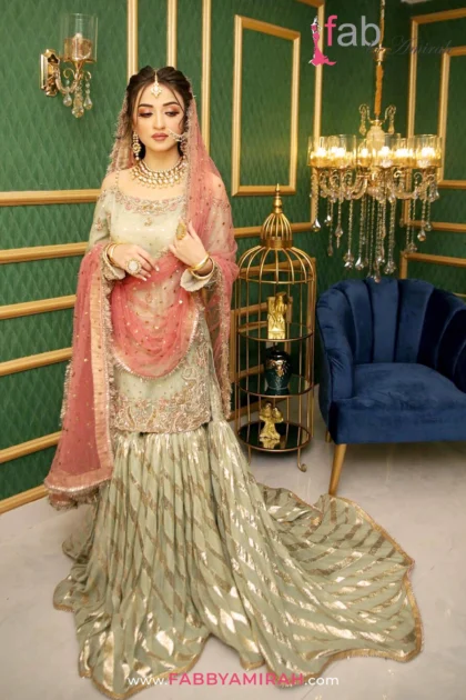Gharara dress for nikah in sage green crinkle chiffon by Fab By Amirah