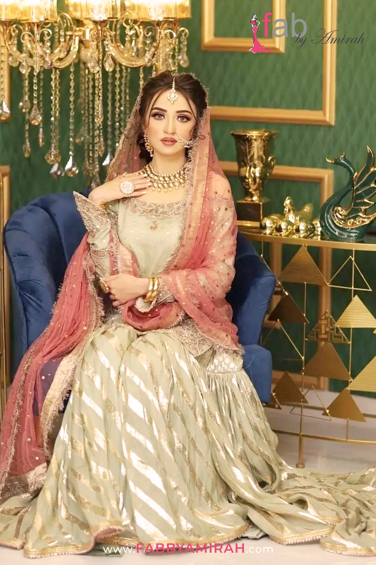 Full view of sage green shirt showing detailed thread work on gharara dress for nikah