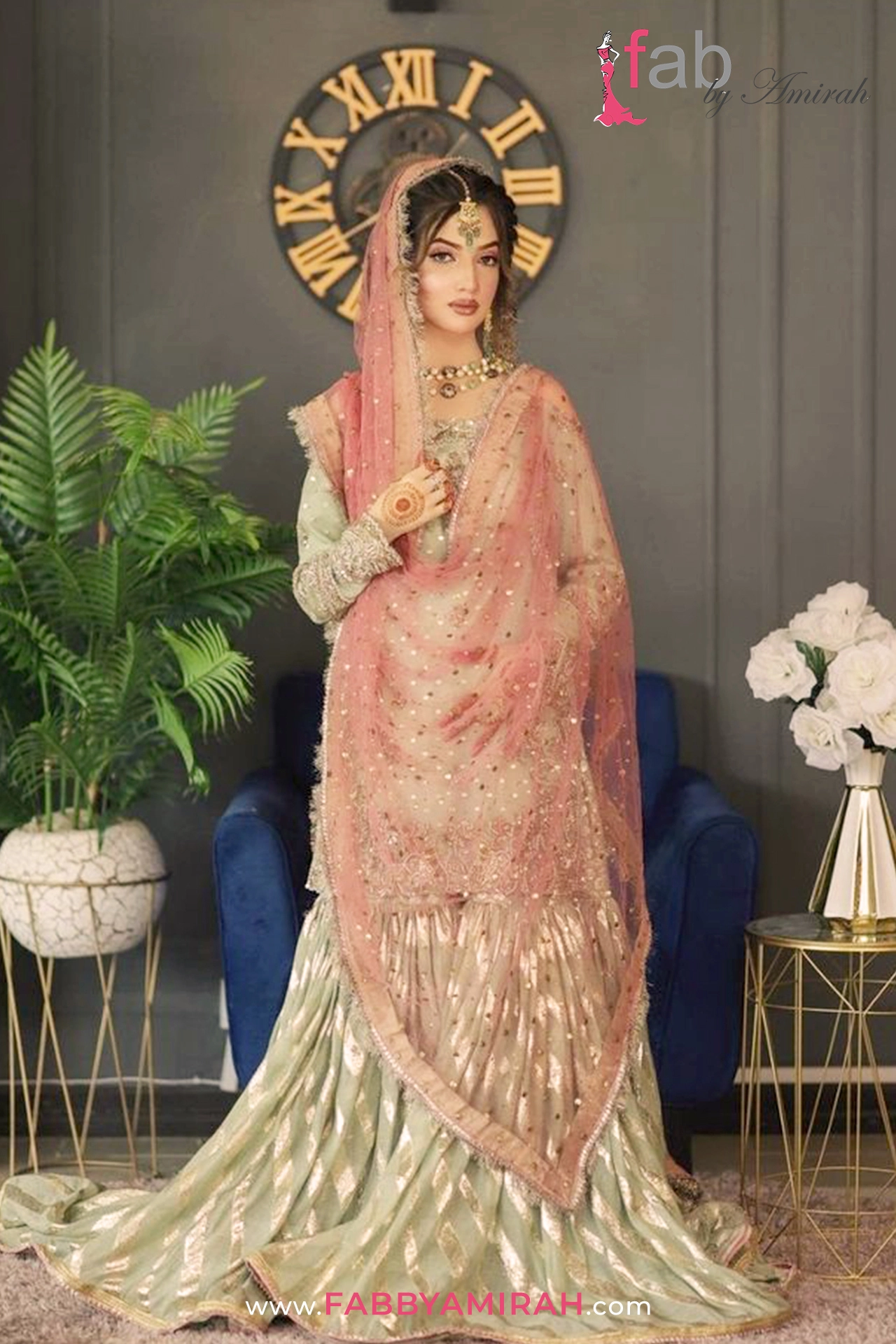 Complete Indian fusion sage green gharara set with pink net dupatta - Gharara dress for nikah