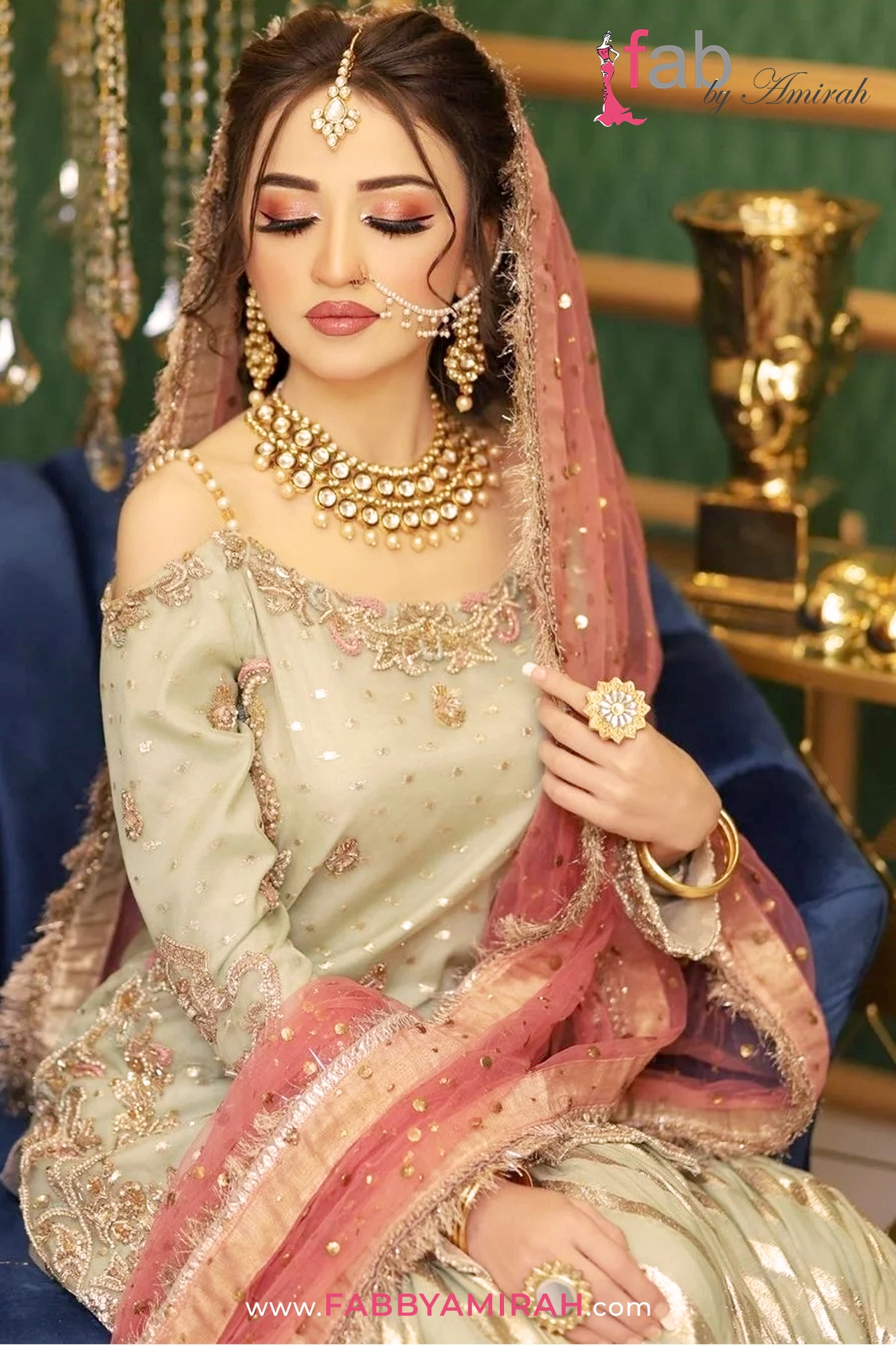 Sage green gharara dress for nikah styled for traditional Pakistani wedding ceremony