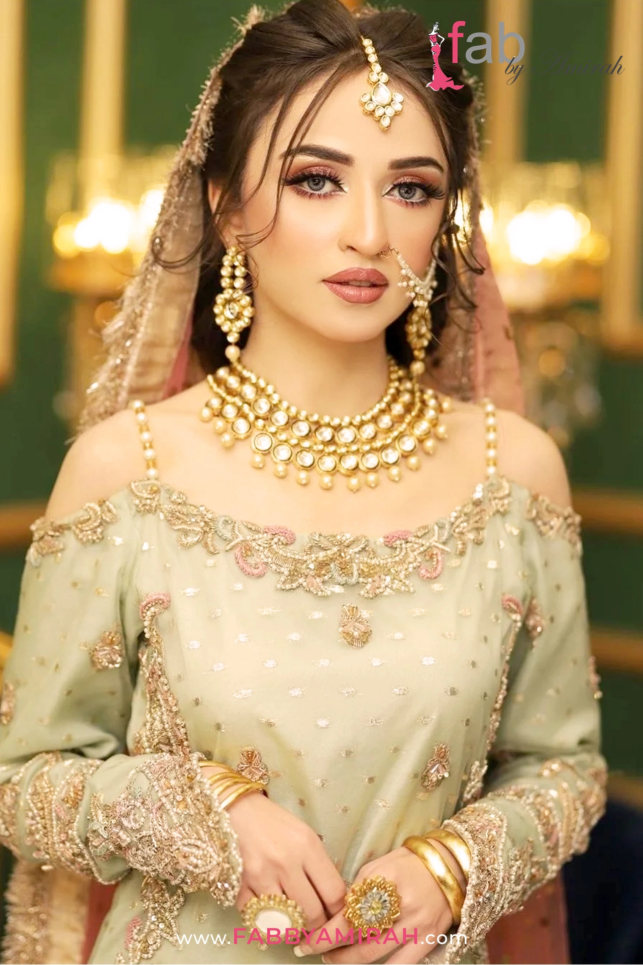 Close-up of Zardozi and Kora handwork on sage green gharara dress for nikah