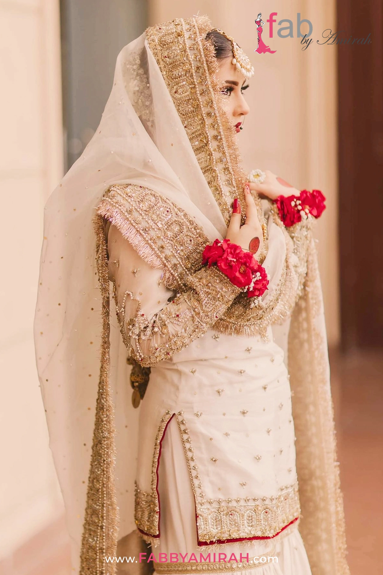 Side view of silver embellished peplum shirt on gharara dress for nikah