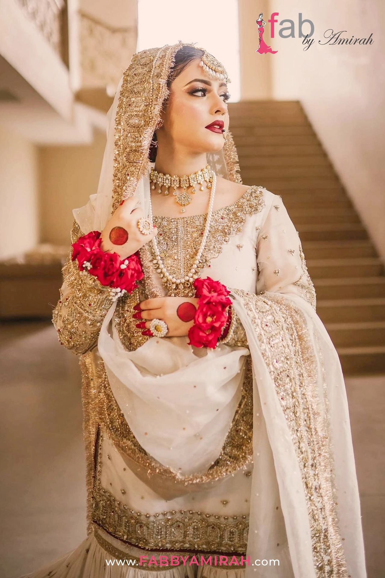 Off-white Pakistani traditional gharara dress for nikah ceremony - Timeless design