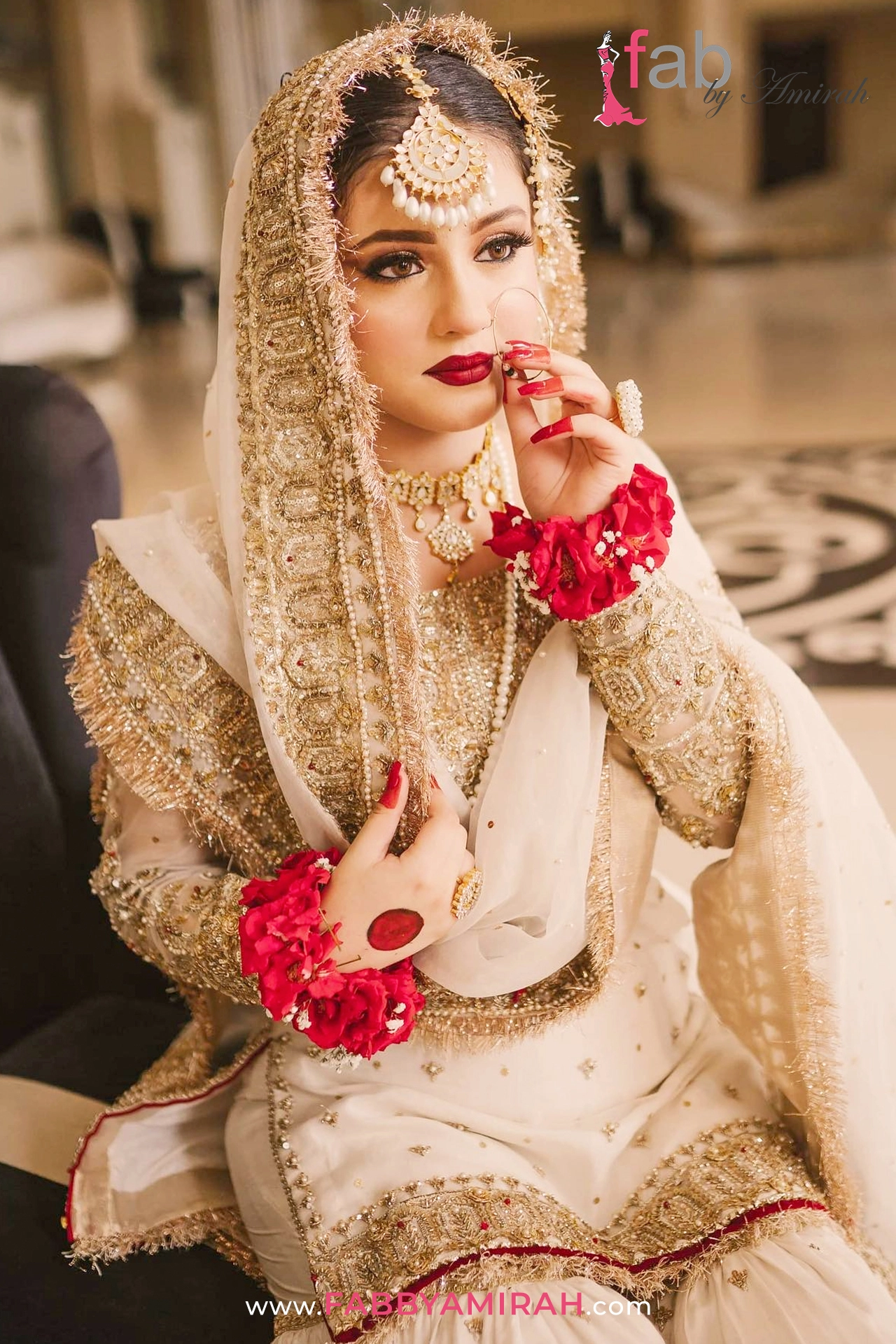 Close-up of dangling crystals and pearls on gharara dress for nikah