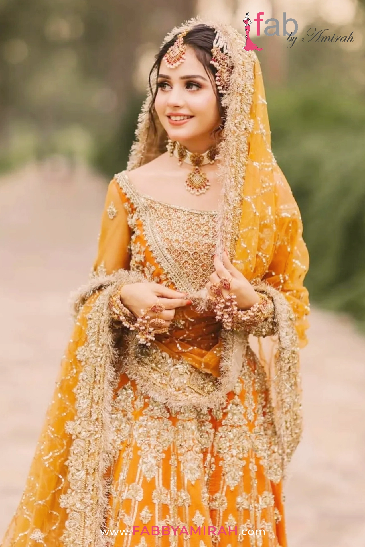 Complete orange and gold bridal set with net dupatta - Luxury bridal lehnga