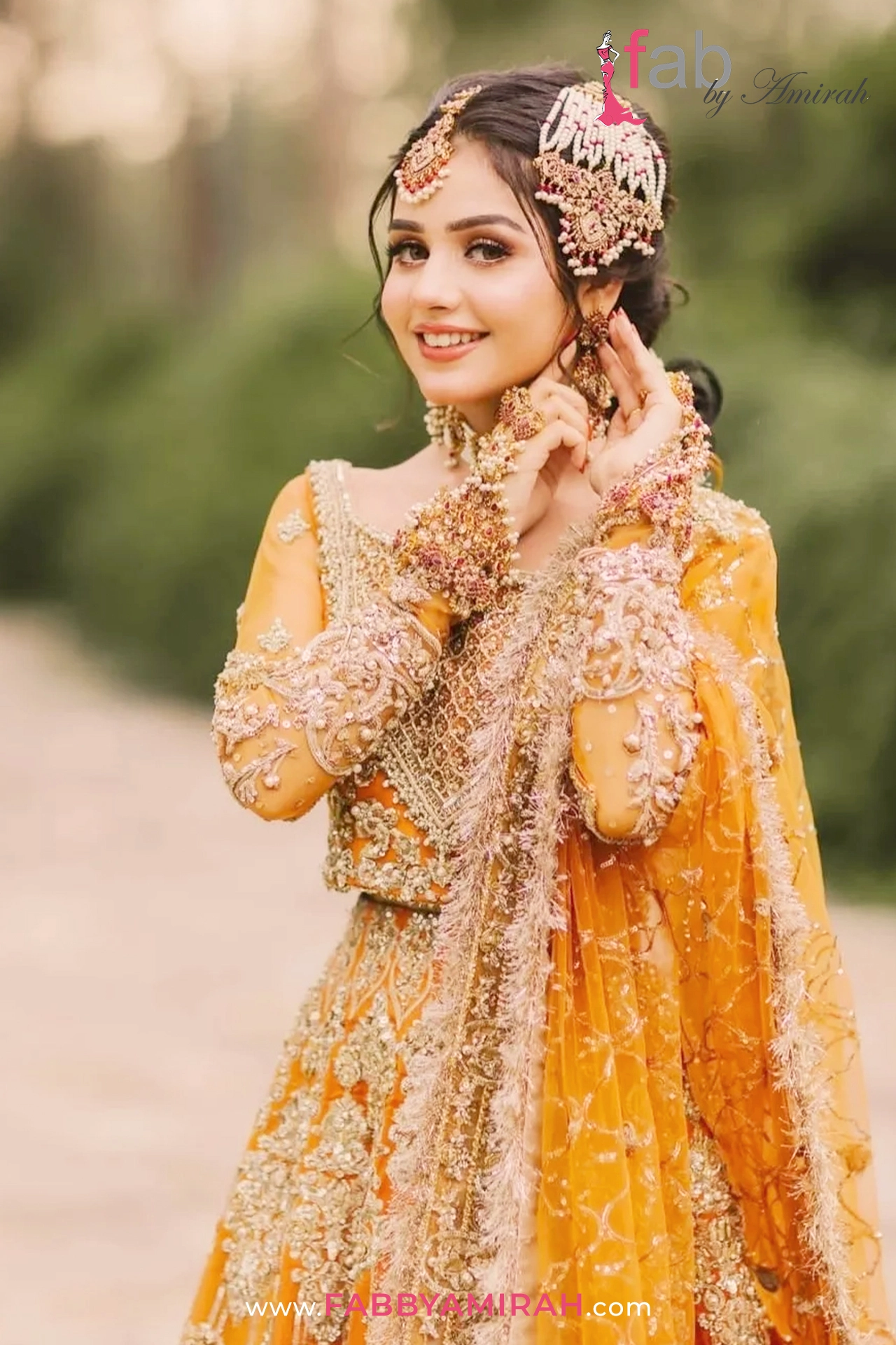 Traditional Pakistani luxury bridal lehnga styled for a grand Mehndi ceremony