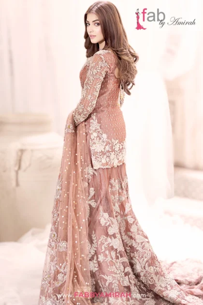 Back view of pink tissue sharara showing detailed Dabka embellishment pattern