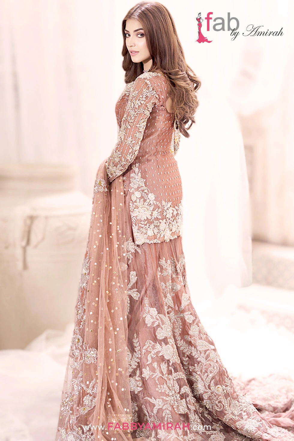 Back view of pink tissue sharara showing detailed Dabka embellishment pattern