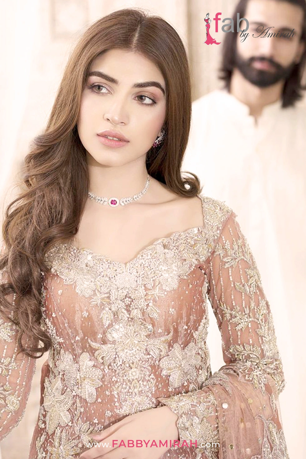 Close-up of Resham and Swarovski crystal work on Bridal Lehnga For Walima