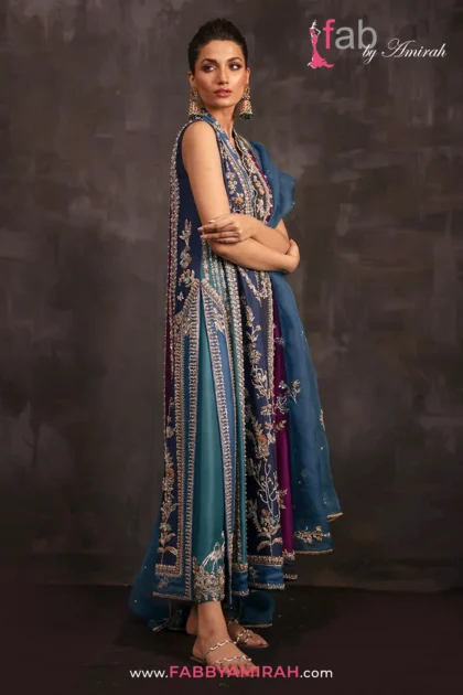 Silk Bridal Chogha in navy and emerald peacock hues by Fab By Amirah