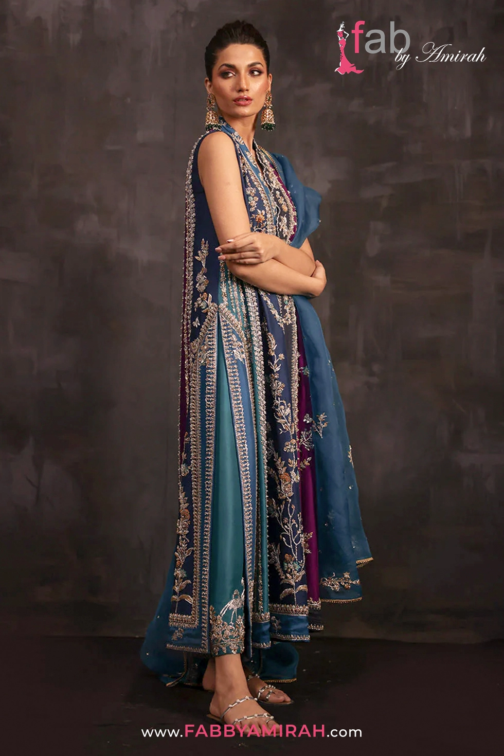 Majestic Peacock Reign - 2026 Silk Bridal Chogha 1 Silk Bridal Chogha in navy and emerald peacock hues by Fab By Amirah