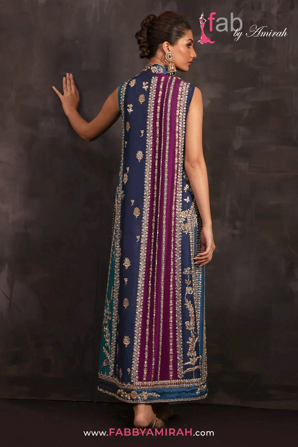 Back view of Peacock Reign Silk Bridal Chogha showing linear gold wasli work Back view of Peacock Reign Silk Bridal Chogha showing linear gold wasli work