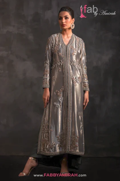 Steel grey embroidered jacket with dhoti in metallic silk by Fab By Amirah