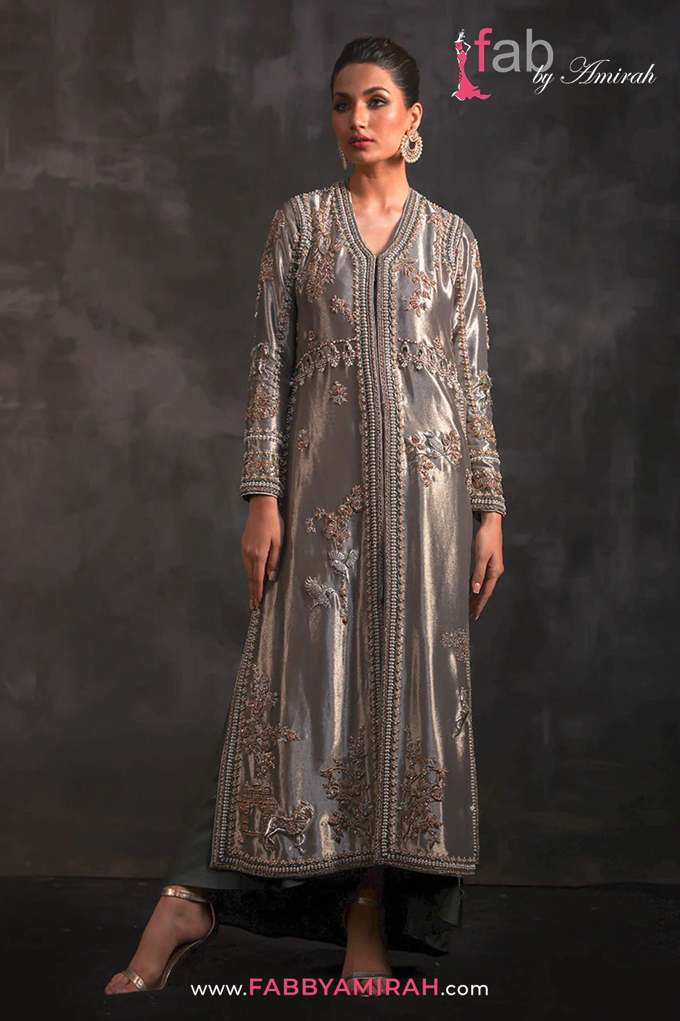 Steel grey embroidered jacket with dhoti in metallic silk by Fab By Amirah