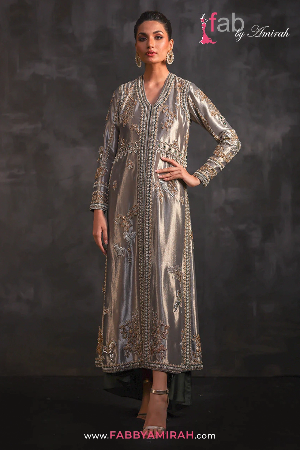 Close-up of Zardozi and emerald stone work on steel grey embroidered jacket with dhoti