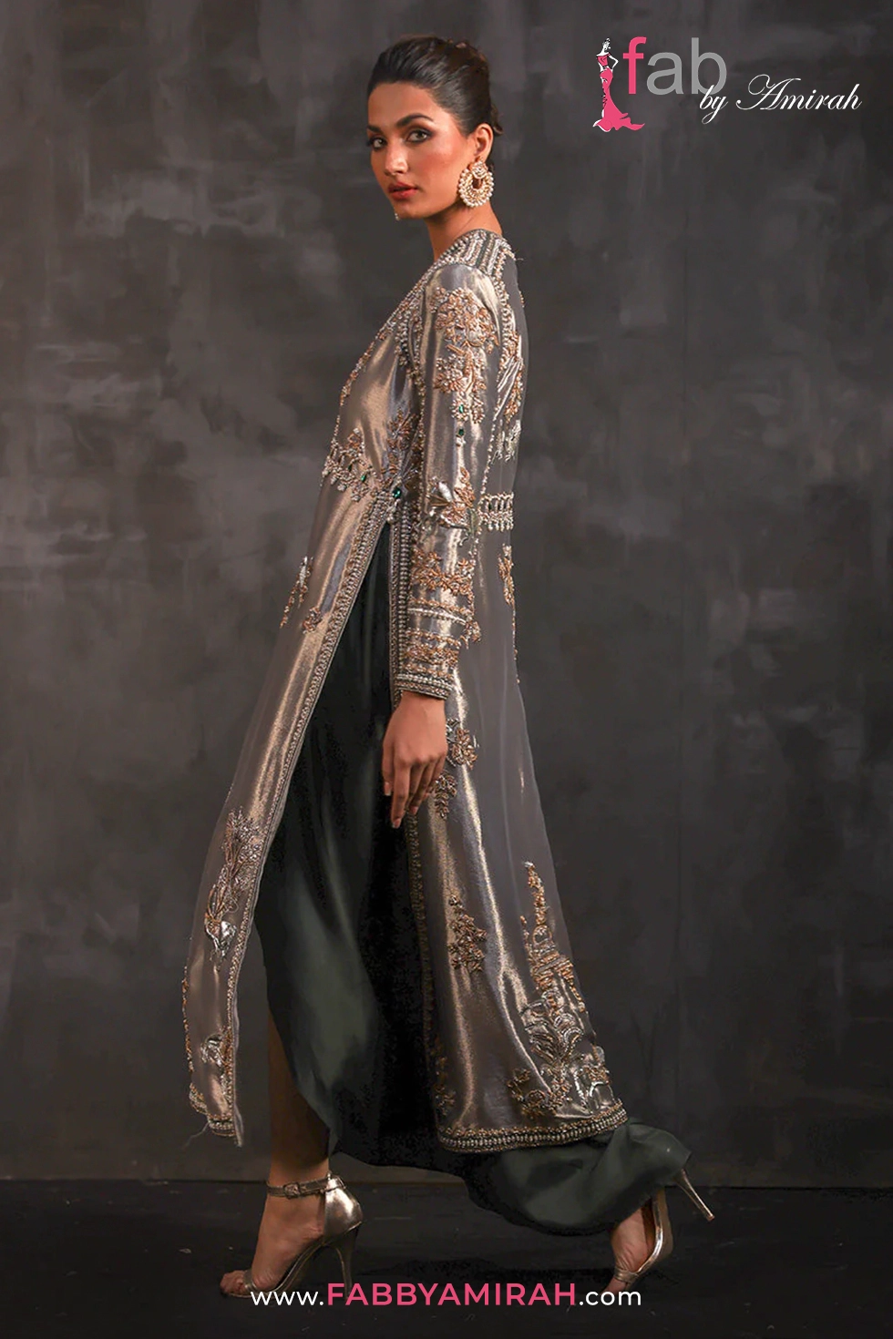 Complete Indian fusion set with emerald green dhoti and steel grey embroidered jacket
