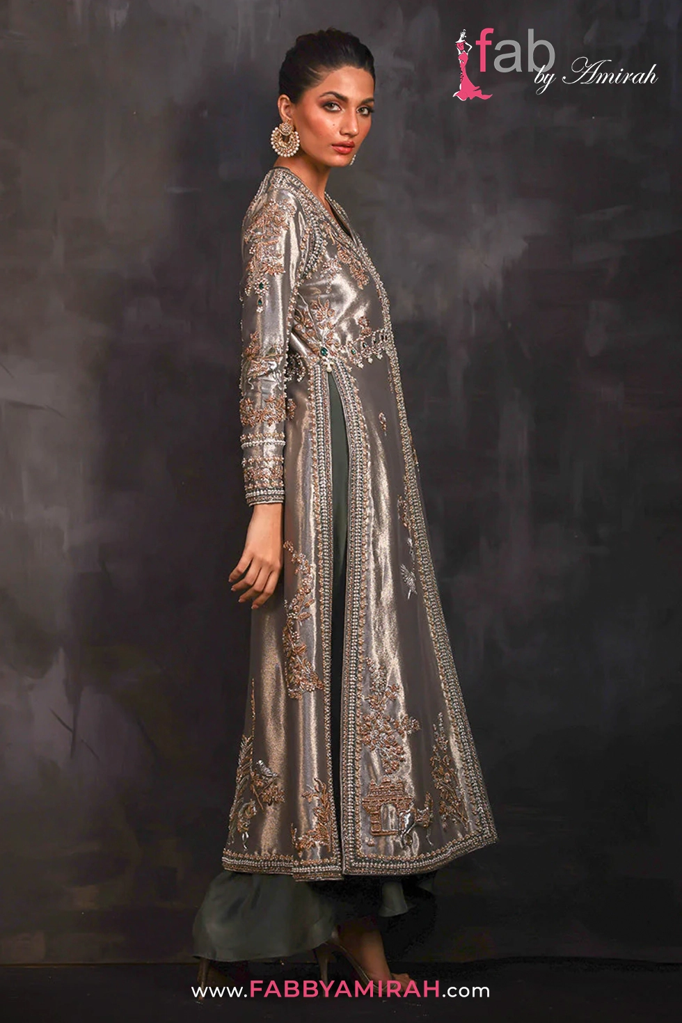 Majestic steel grey embroidered jacket with dhoti styled for a luxury formal party