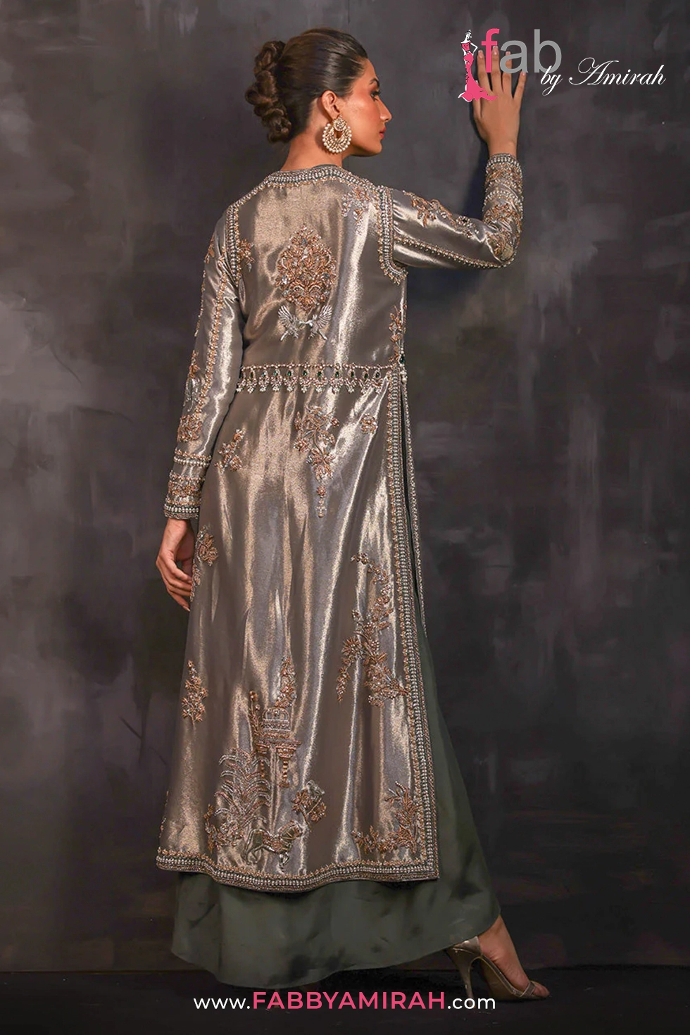 Back view of metallic silk steel grey embroidered jacket with dhoti detailing