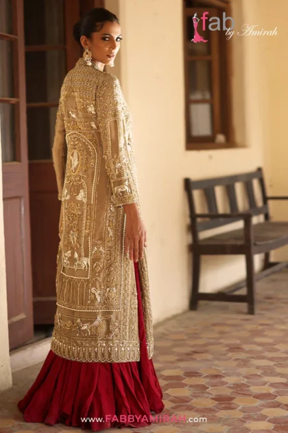 Back view of bridal front open long gown showing detailed crystal and pearl embellishments