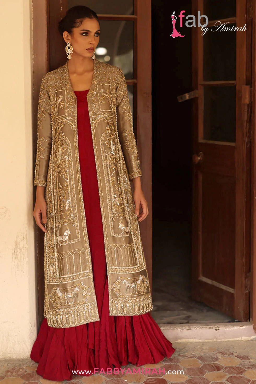 Front open long gown styled with maroon khadi silk shift dress for a wedding event