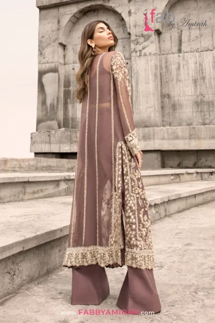 Back view of brown Front Open Gown showing detailed linear embroidery patterns