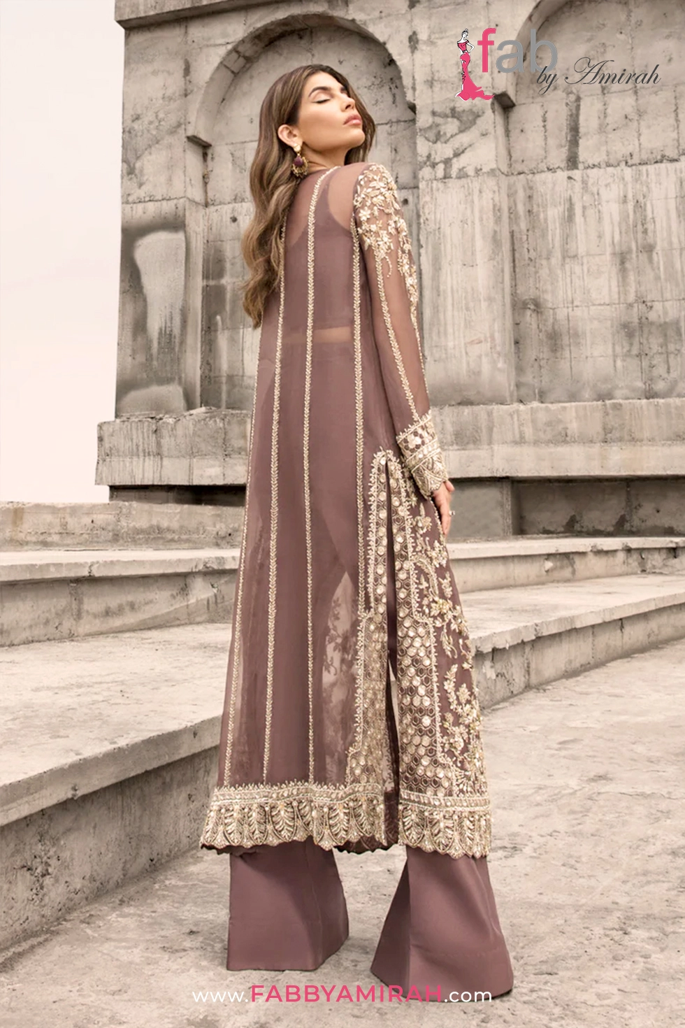 Back view of brown Front Open Gown showing detailed linear embroidery patterns