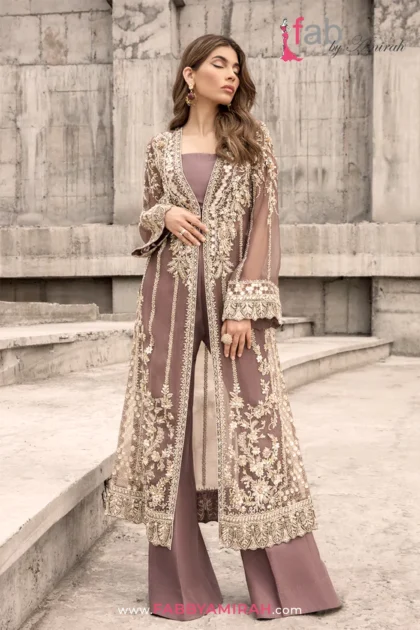 Front Open Gown in dusty brown organza with floral embroidery by Fab By Amirah