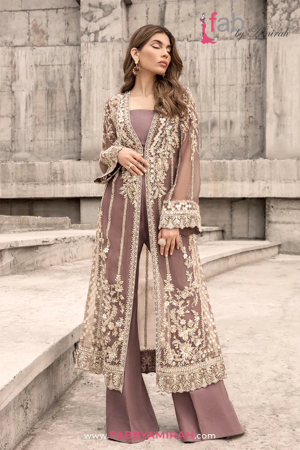 Front Open Gown in dusty brown organza with floral embroidery by Fab By Amirah