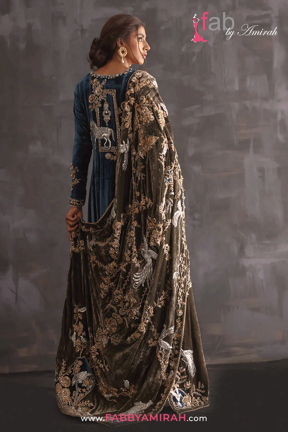 Back view of teal velvet kalidar showing detailed zardozi and vasli motifs