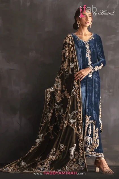 Velvet Luxury Gown teal kalidar with olive velvet chaddar by Fab By Amirah