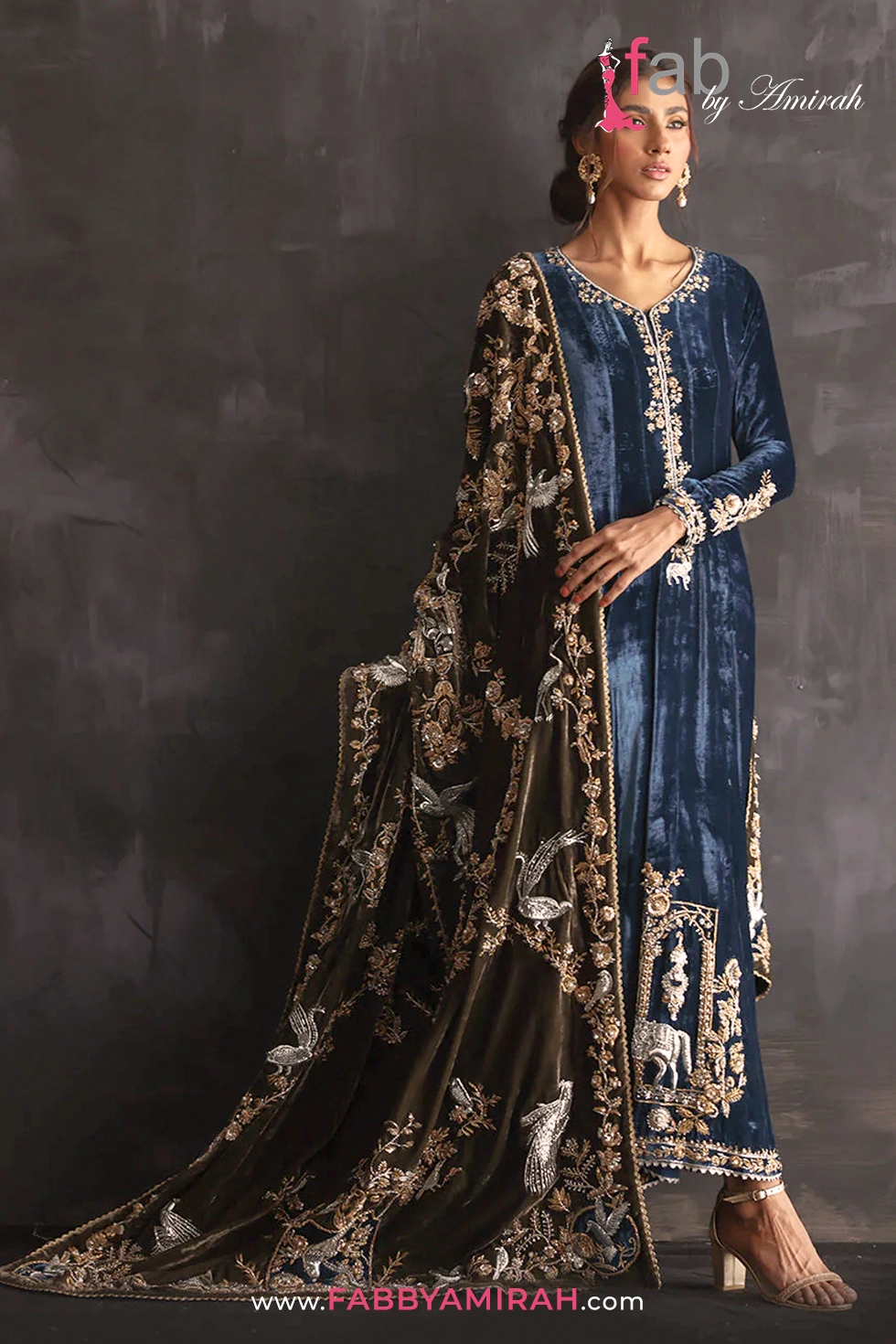 Velvet Luxury Gown teal kalidar with olive velvet chaddar by Fab By Amirah