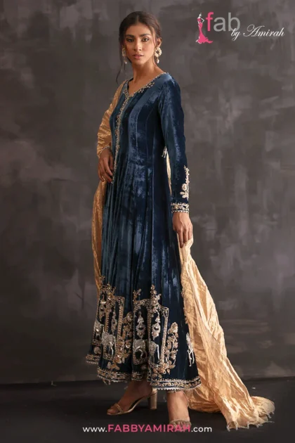 Teal velvet gown with hand-embroidered olive shawl - Velvet Luxury Gown