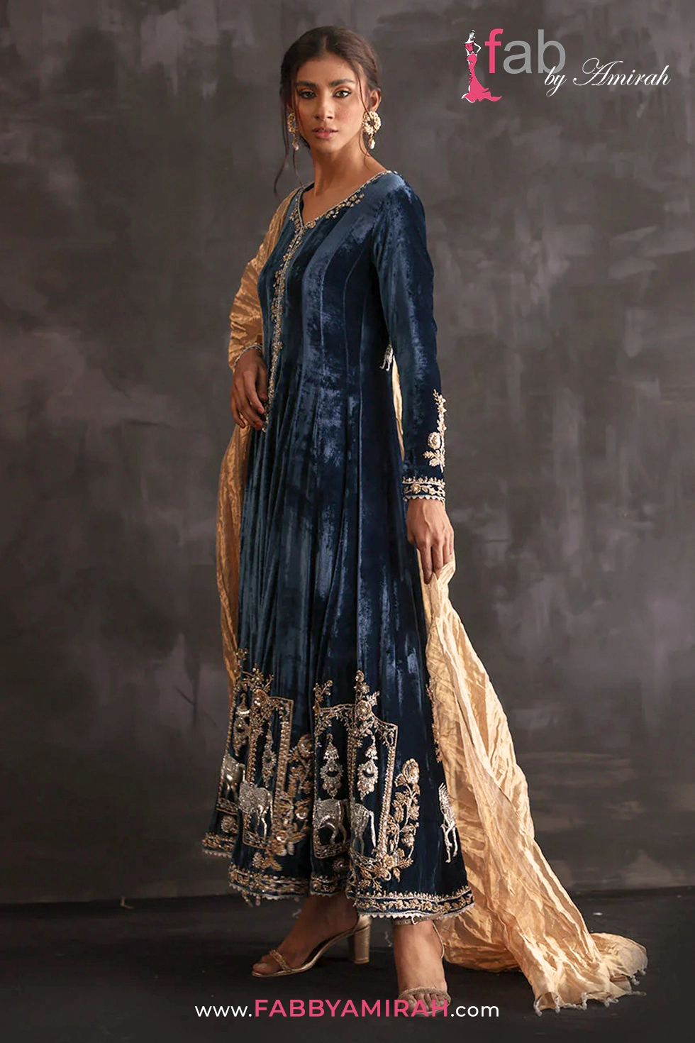 Teal velvet gown with hand-embroidered olive shawl - Velvet Luxury Gown