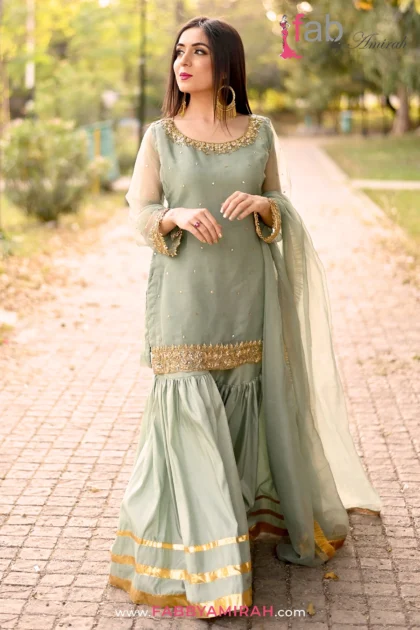 Light ferozi organza sharara set with handwoven kora and dabka work by Fab By Amirah