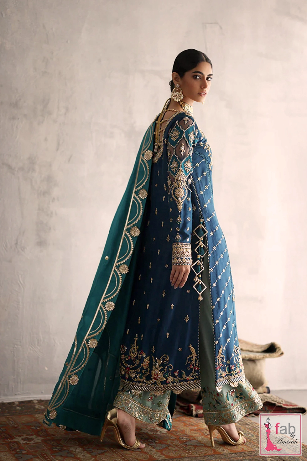 Back view of formal raw silk Pakistani dress with kaamdani panels