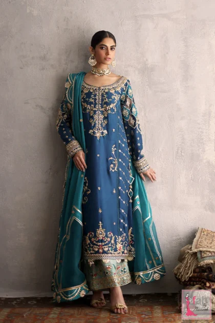 Pakistani wedding festive formal raw silk shirt in ferozah blue by Fab By Amirah
