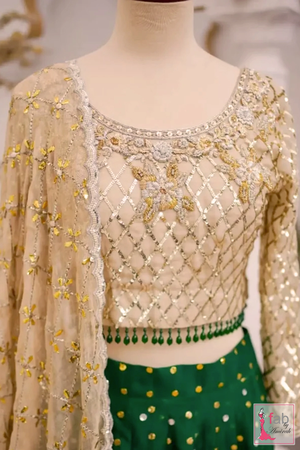 Front view of embroidered choli top and sheer dupatta with detailed neckline Front view of embroidered choli top and sheer dupatta with detailed neckline