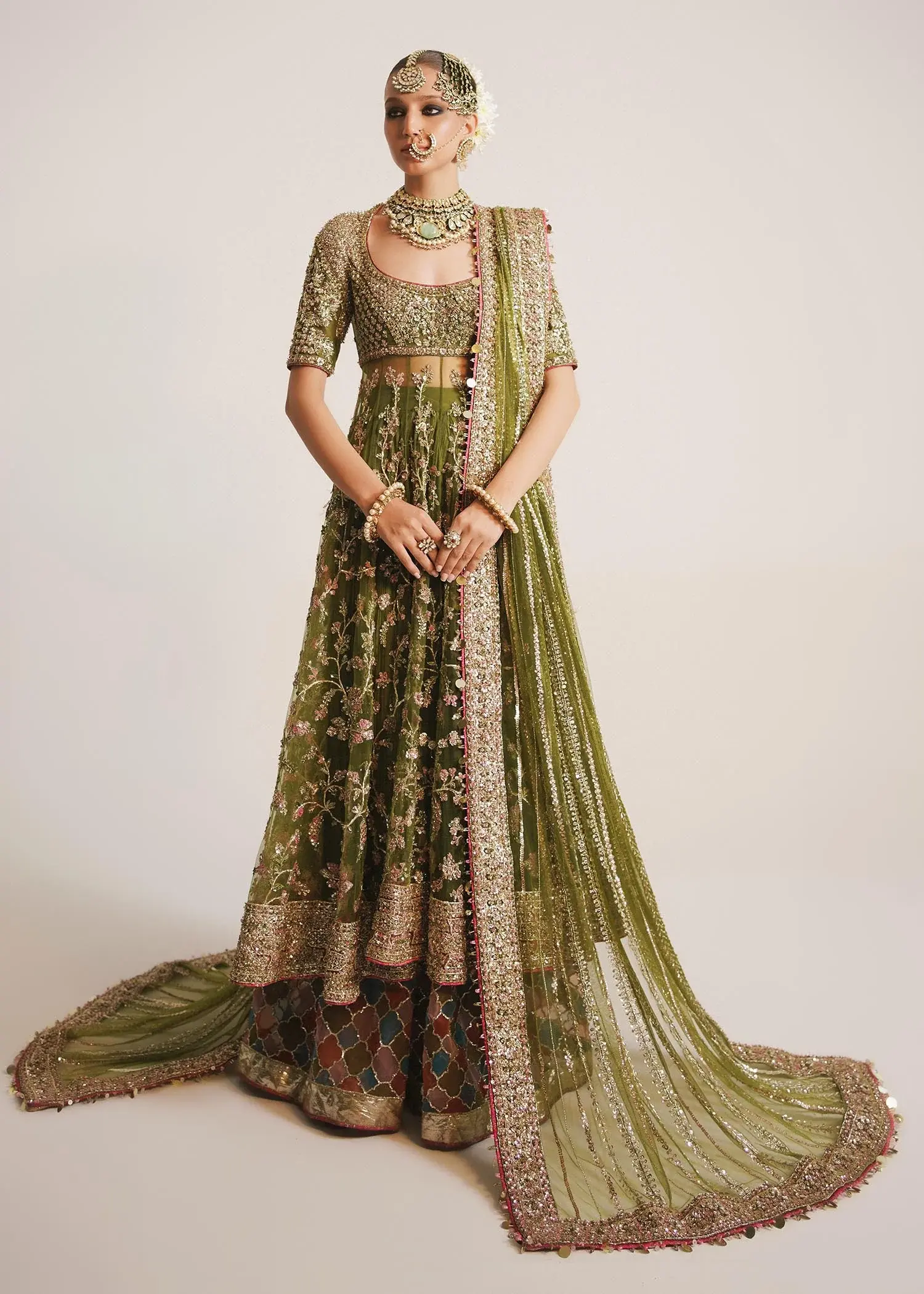 Green Net Peshwaz with Pink Sequins 1 Green Net Peshwaz with Pink Sequins