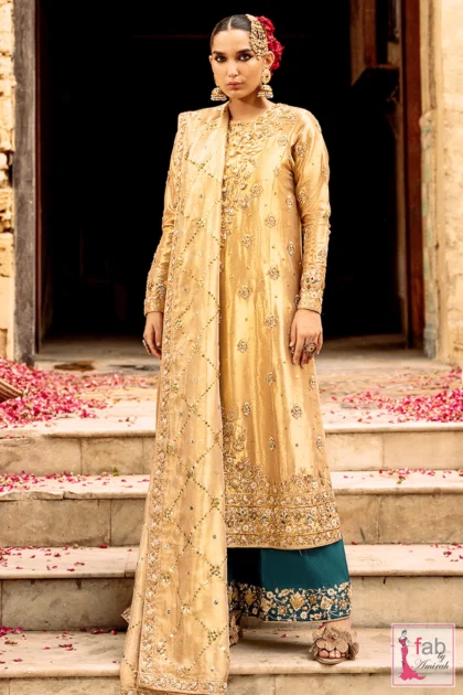Gold and Teal Wedding Dress long shirt with zardozi embroidery