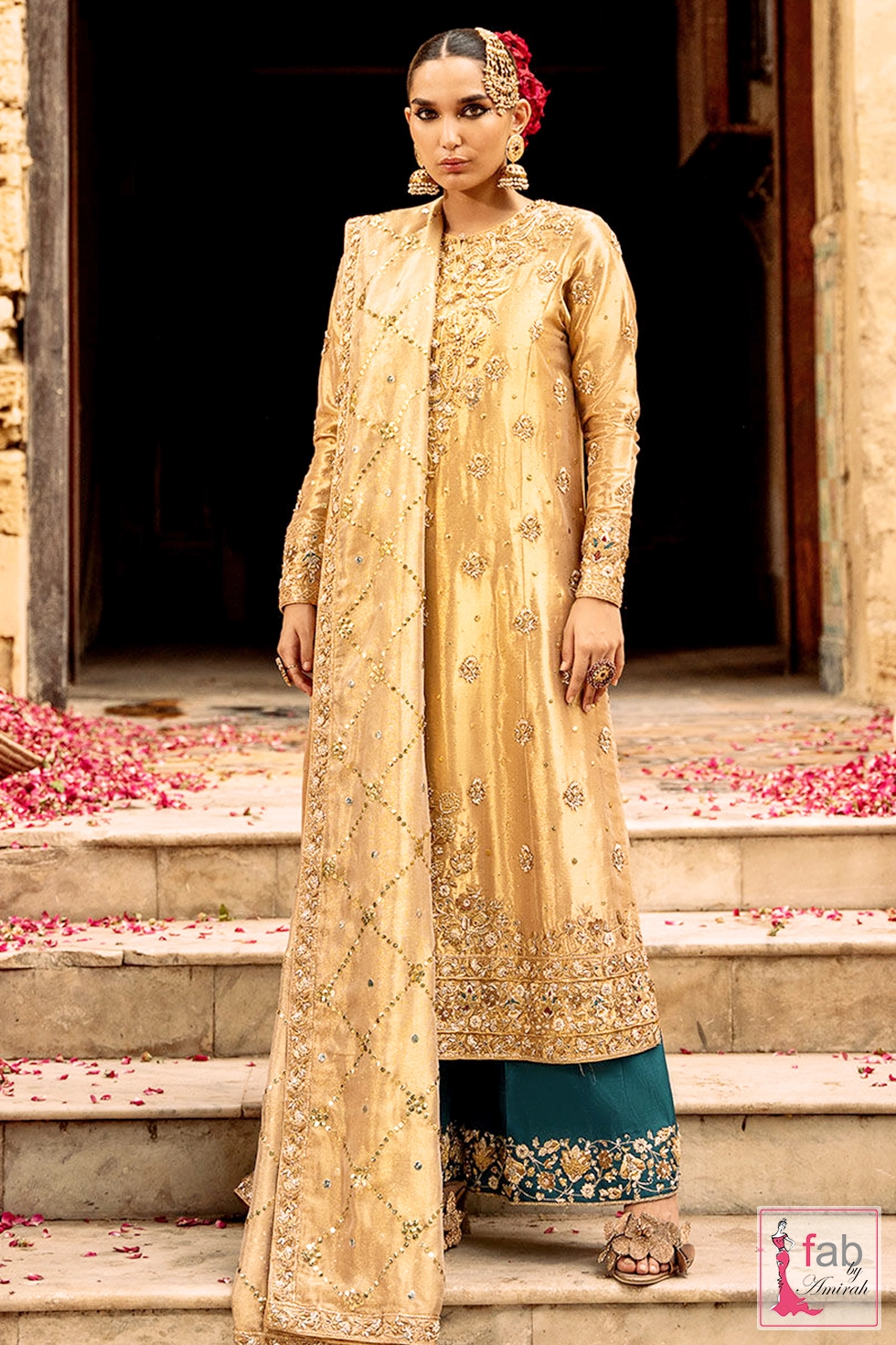 Gold and Teal Wedding Dress long shirt with zardozi embroidery