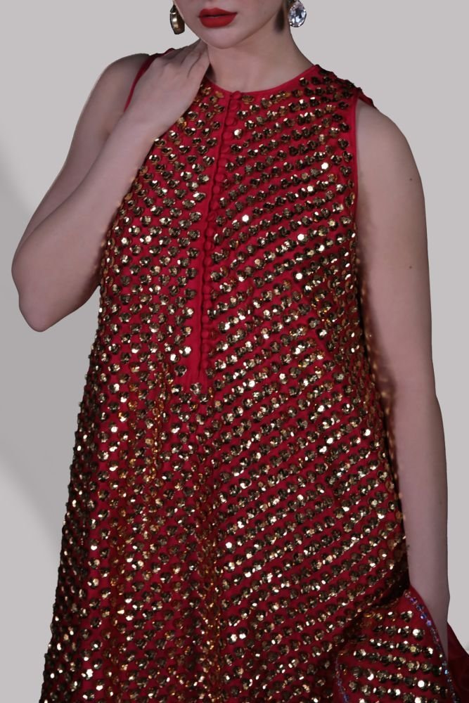 Red Hand Embroidered Party Wear Dress