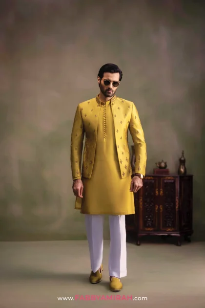 Hand-Embroidered Prince Coat in mustard raw silk by Fab By Amirah