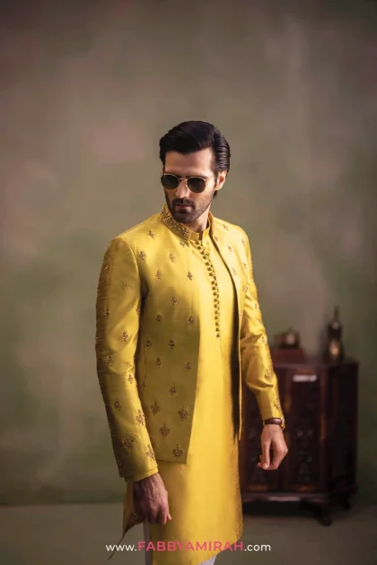 Mustard luxury groomswear styled for formal wedding reception ceremony