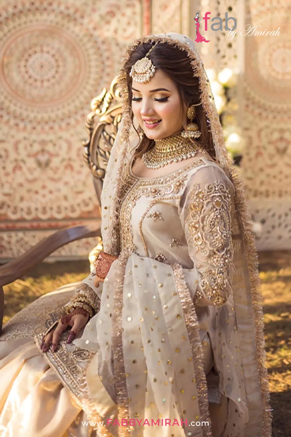 Intricate antique gold embroidery on long sleeve organza shirt
