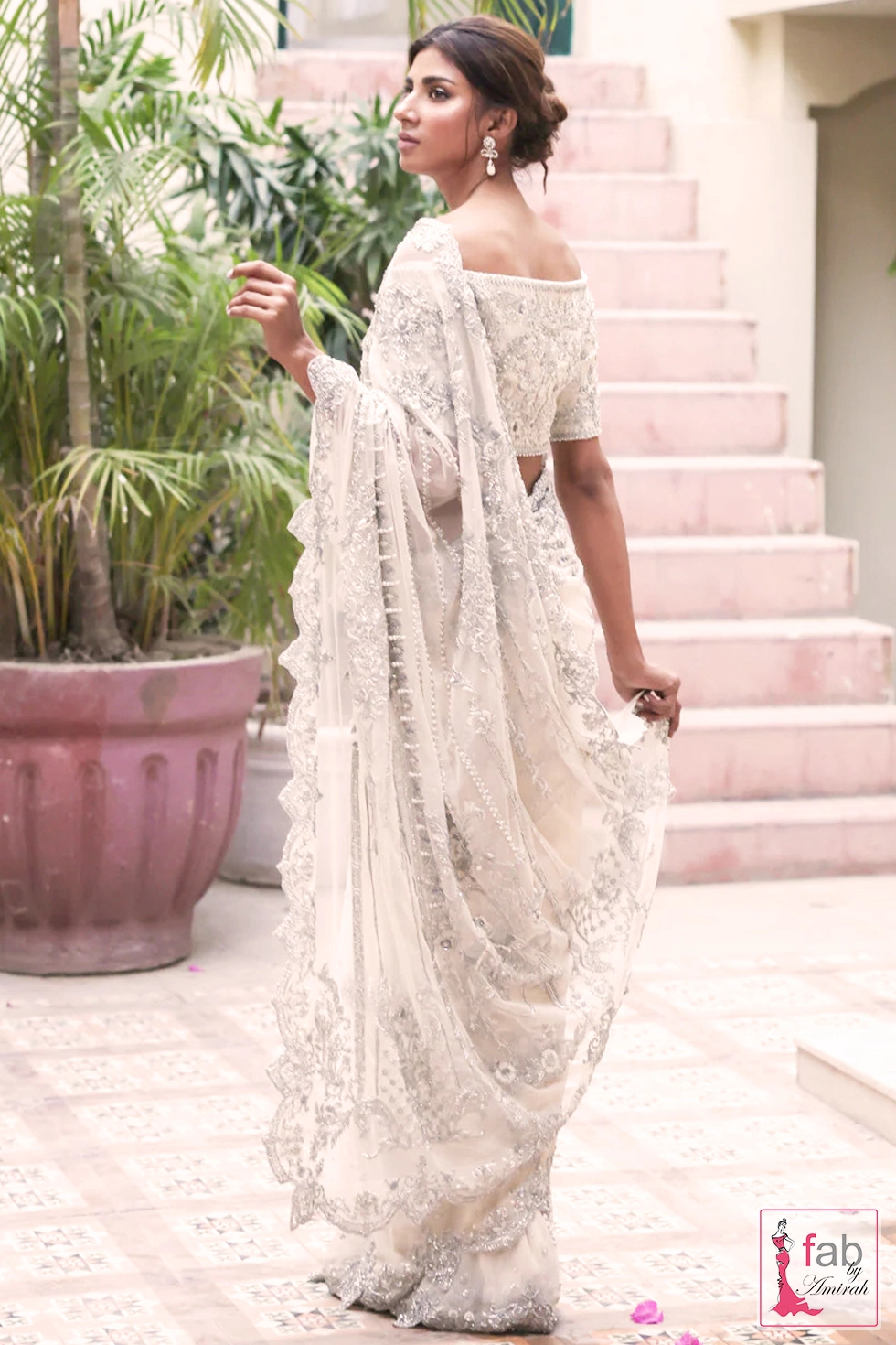 Ivory Hand Embroidered Bridal Saree with silver zardozi on net by Fab By Amirah